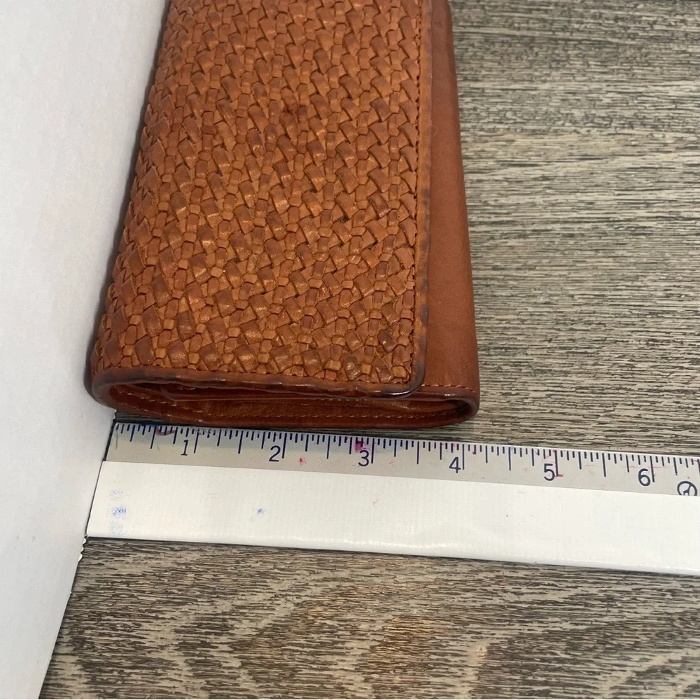 Tan Woven Leather Wallet with Artisanal Texture. Preowned. Spot on bottom.